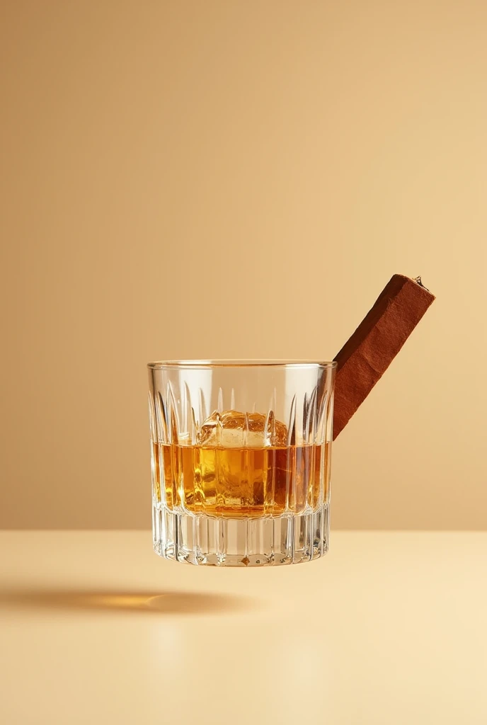 smaller short glass of wiskey with many cristal details and ice inside taking a realistic photo with beige background and in the air with a brown tobacco outside of the glass without fire
