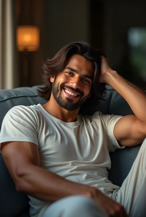 26 year old Indian man, sitting on the couch, medium hair, medium beard, loose pajamas, brown hair and eyes, low light coming from window, looking in the camera, smiling, mascular body, loose tshirt, sparkly eyes, left hand in hair, fair skin tone