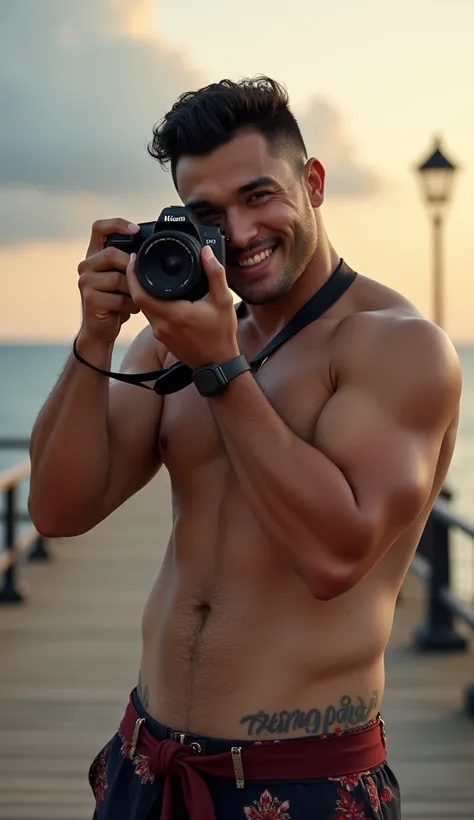 photorealistic, best quality, masterpiece, extremely detailed, sexy, homoerotic, extremely handsome, 20 year old chubby polynesian man, stocky build, smiling, takes your photo with a DSLR camera, by the pier, extremely romantic atmosphere, perfect face, pe...