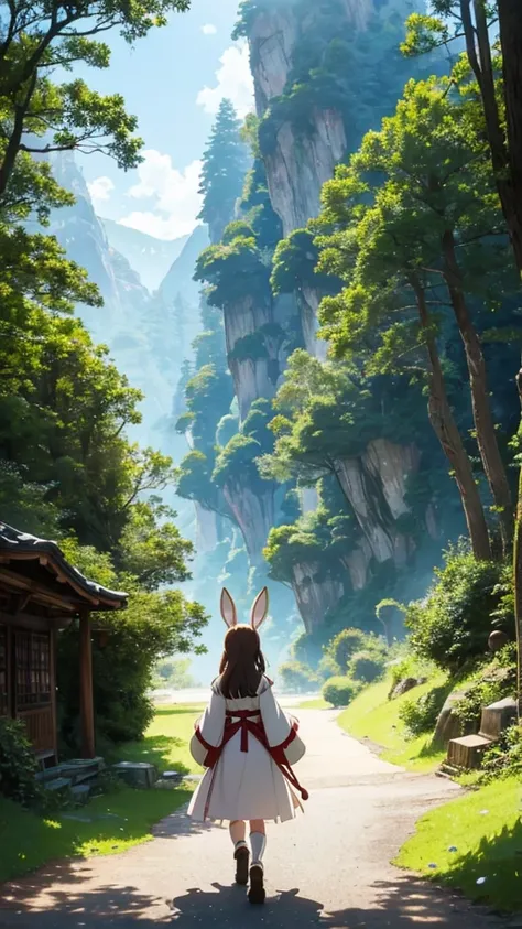 Fairy tale world、Ghibli style、The back view of walking、A world where yokai live in the mountains、Anime Style1人の, Brown Hair, Bunny ears, Anime Style, 