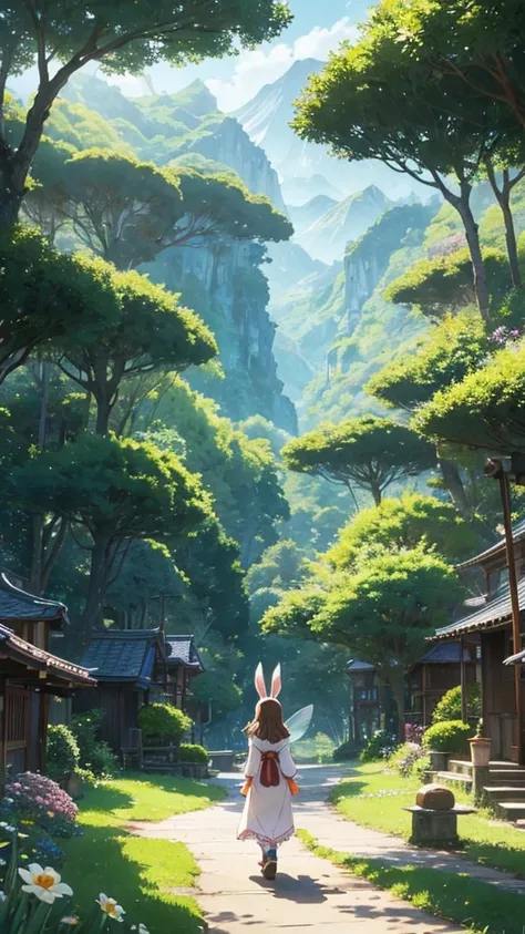 Fairy tale world、Ghibli style、The back view of walking、A world where yokai live in the mountains、Anime Style1人の, Brown Hair, Bunny ears, Anime Style, 