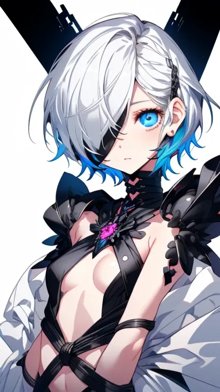 High resolution、original、Girl、Futuristic black sword、Black clothes、Bondage、White Hair、short hair、Hiding one eye with hair、Sharp Eye、Jewel-like eyes、White background、Fantastic colors、Whole body、Near future、Facing forward、Small face、Small breasts、