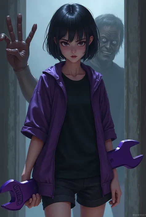 A 16-year-old girl with short hair, wearing a black short-sleeved shirt underneath a purple jacket. In her hand is a large purple wrench. She is wearing black shorts. Behind her is a terrifying hand, and a demon appears in the shadows.