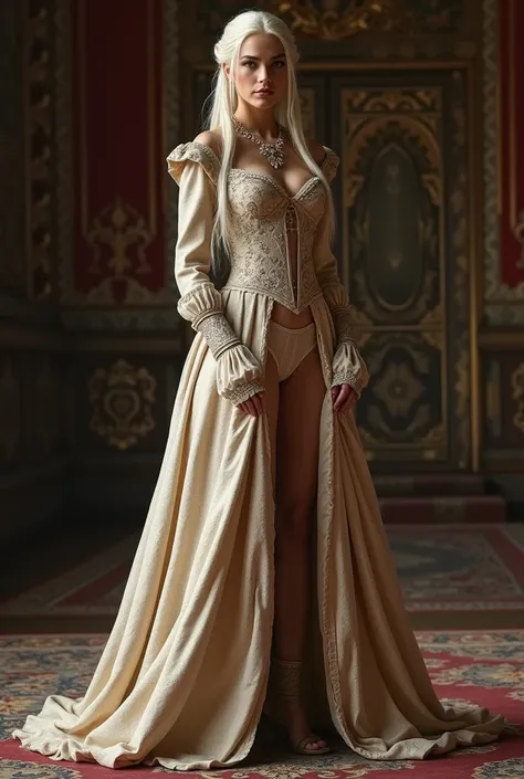 Full-length portrait of Daenerys Targaryens skirt lifting and showing panties), (in a long, intimate historical costume, 8K realistic detailed