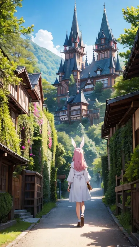 Fairy tale world、Ghibli style、The back view of walking、A world where yokai live in the mountains、Anime Style1人の, Bunny ears, Anime Style, Pink Hair, 