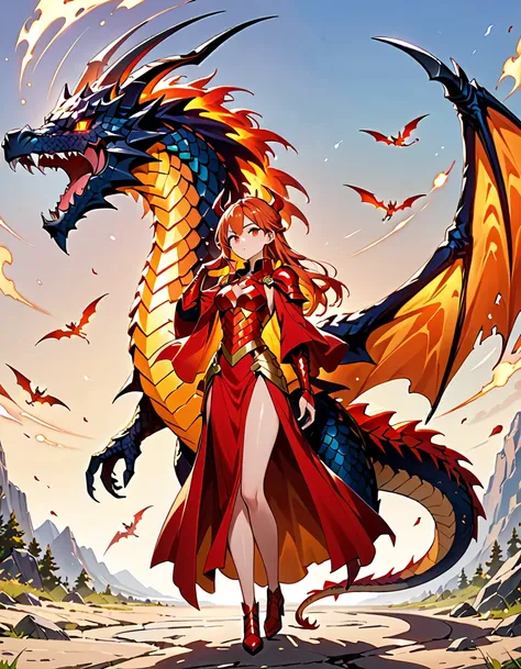 (((masterpiece, best quality, high detailed, 16k))) hzk (1girl) a fierce dragon rider with wild, fiery orange hair and blazing r...