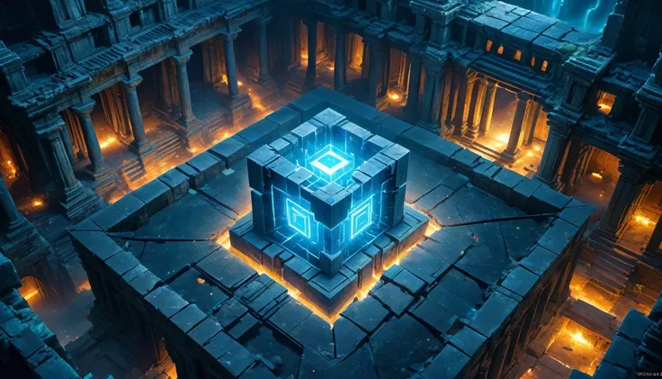 (anime, fantasy, small cube), (best quality, highres, HDR:1.2), a cube of power floating in huge chamber, ancient artefact, blue glow, small cube, particles, ((ruin, old age architecture)), dramatic lighting, (view from above), vibrant color, ethereal beau...