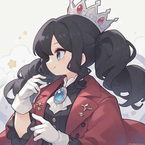 Blink、Profile graph，Blue Eyes，Black twin ponytails，Crimson coat，crown，Sapphire Brooch，Smile，Star，White gloves，Pigeon，（Black hair），（front），good at，Akimbo，（（Black hair））