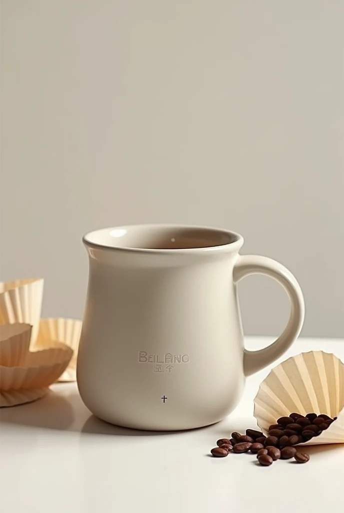 Create an 8 cm high mug with a screw-on lid, that incorporates a space at the bottom to insert coffee beans and grind them with a small grinder, next to the cup put several coffee filters of the same diameter as the cup. Please do it without a logo
