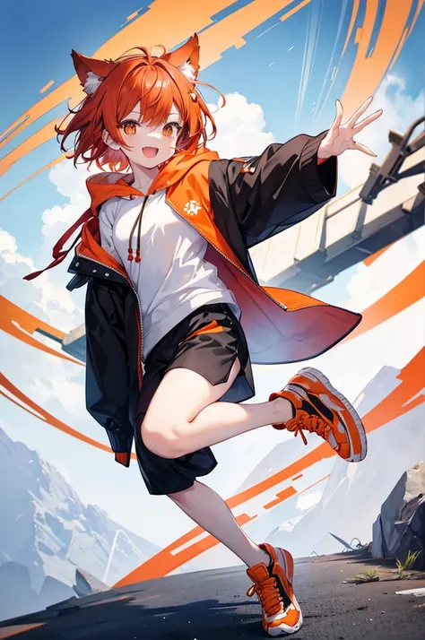 Full body portrait，front，male　Red Hair，Short hair，Orange Eyes，Dog ears，，About，White hoodie outfit，Mouth open，smile，Moe sleeves，Pause，Black shorts