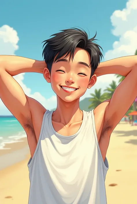 Realistic, detailed drawing, 18-year-old boy, smiling, raise hands show armpit hair, Sunny day, Tank top, chinese american boy, Slim