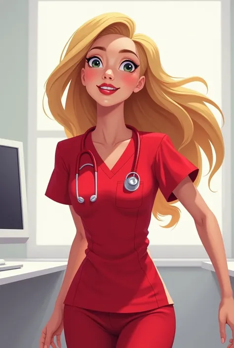 Create an animated illustration of a woman in red medical clothing, blond hair