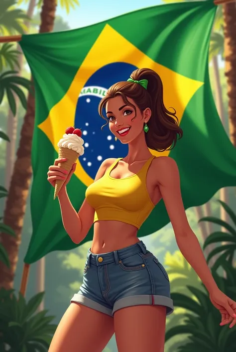 A  holding the Brazilian flag with a cup of ice cream in her left hand
