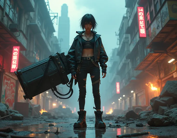 A cool, confident girl with a rebellious attitude, standing in an urban, post-apocalyptic environment. She has short, messy hair, a fierce expression, and is casually shouldering a gigantic, massively overiszed futuristic weapon. The weapon should be 3 tim...