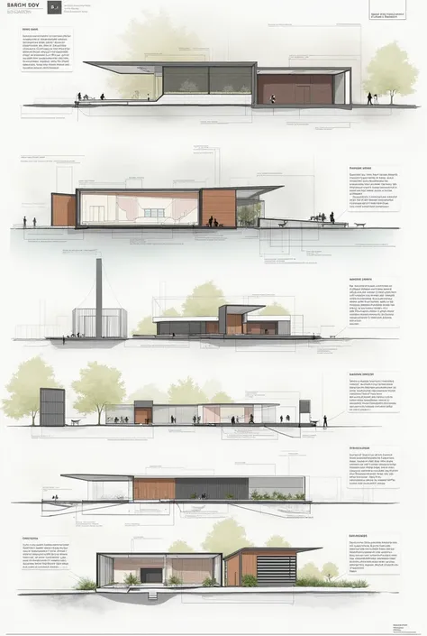 an architectural panel of the design process of a project, from the guiding idea to the preliminary draft. includes text and architectural concept