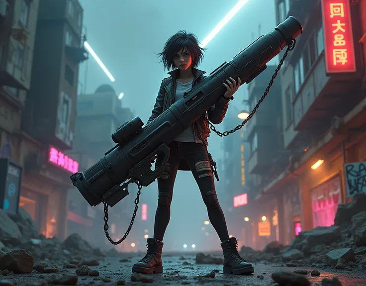 A cool, confident girl with a rebellious attitude, standing in an urban, post-apocalyptic environment. She has short, messy hair, a fierce expression, and is casually shouldering a gigantic, massively overiszed futuristic weapon. The weapon should be 3 tim...