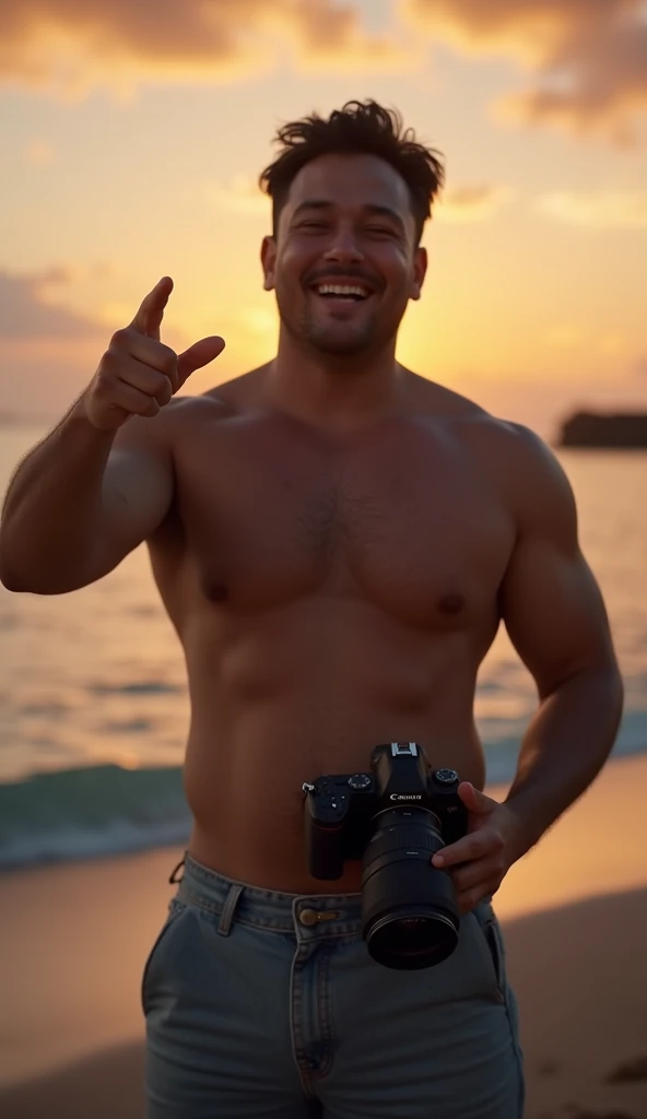 photorealistic, best quality, masterpiece, extremely detailed, sexy, homoerotic, extremely handsome, 20 year old chubby polynesian man, stocky build, laughing, takes your photo with a DSLR camera in one hand, he points to you with his other hand, by the pi...