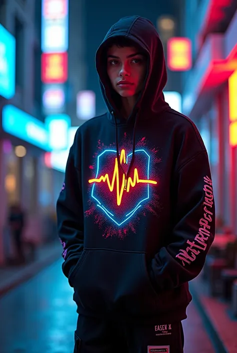 Create a series of trendy urban streetwear designs featuring the Urban Pulse logo. The clothing should include t-shirts, hoodies, and jackets, showcasing the bold, modern logo prominently. Use dynamic color schemes like neon blue, electric purple, and brig...