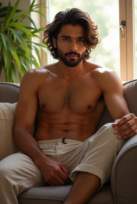 (26 years old Indian, mascular, medium hair and beard, brown eyes and hair, soft lips, fair skin tone, sitting in a couch, looking into the camera, pajama pants, long curly hair, indoors, soft lighting, plants in background, window with sunlight, cozy room...