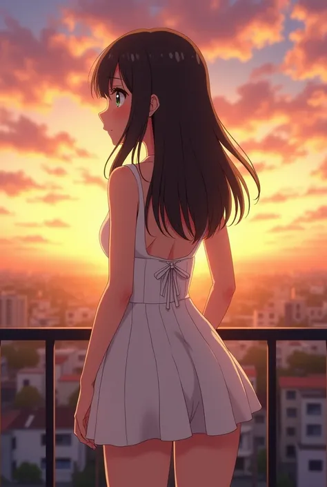 beautiful 14 year old girl, White dress, tight dress, huge ass, rear shot, on a balcony, Watching the sunset, japanese, excited face, huge ass, anime style