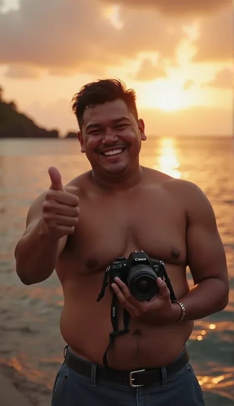 photorealistic, best quality, masterpiece, extremely detailed, sexy, homoerotic, extremely handsome, 20 year old chubby polynesian man, stocky build, laughing, takes your photo with a DSLR camera in one hand, he points to you with his other hand, by the pi...