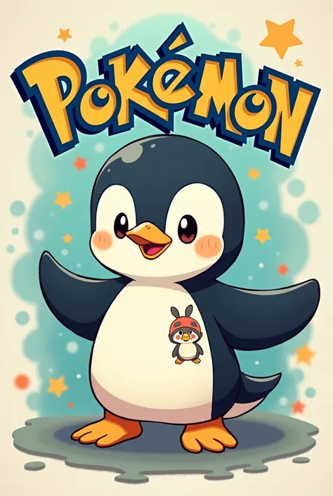 A Pokemon-like picture、I have a cute penguin character tattoo.。with text on the background「Please put "Pokémon Sensei"」large。font in Pokémon style