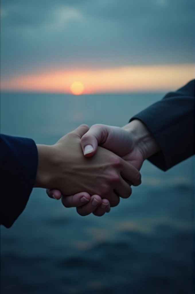 At sea in the evening、The handshaking hands are in the foreground.、Realistic images