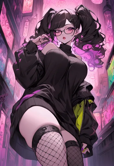 Jk. 1girl. Neon palette, black glasses, long black twintail hair, black oversized sweater, black fishnets on legs, black knee-high boots. big breasts, medium thighs.