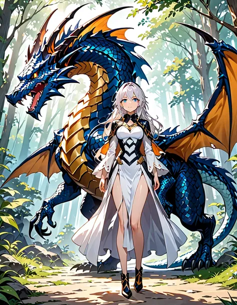 (((masterpiece, best quality, high detailed, 16k))) hzk (1girl) a fierce dragon rider with wild, icy white hair and light blueey...