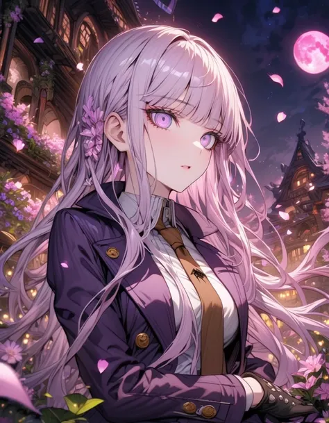 Ultra detailed, highres, absurdres, HDR, master piece, Kirigiri Kyouko, light lavender hair, expressive purple eyes, dark purple collared jacket, white shirt, brown necktie, black gloves, Danganronpa, pink flowers, petals, fireflies, pink moon, woman, solo...