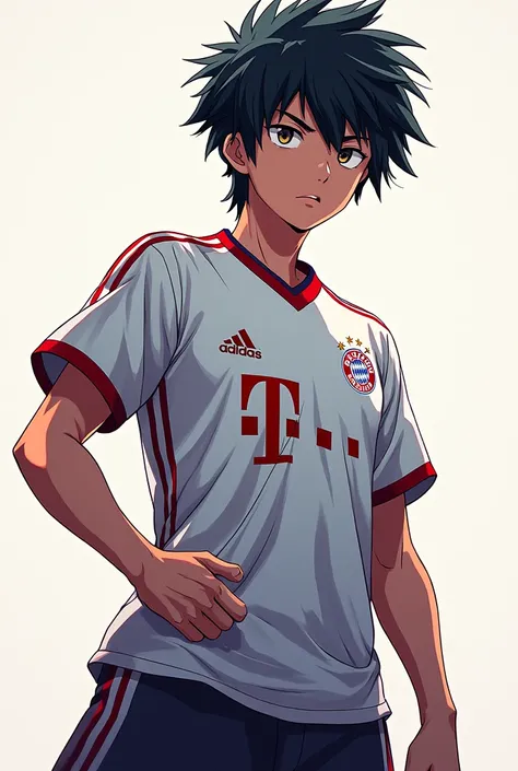 Create an image of the character Yoichi Isagi from Blue Lock wearing the Bayern Munich jersey.