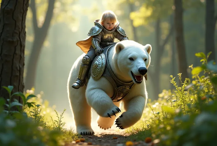 (artwork:1.2), (best quality:1.2), 8K, HDR, ultra detailed, ((photorealistic)), professional light, cinematic lighting, depth of field, A 3 YEAR OLD BABY wearing mechanical paladin armor, RIDING ON TOP OF A BIG AND VERY ANGRY POLAR BEAR WITH CHROME ARMOR R...