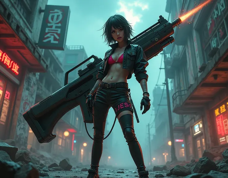 A cool, confident girl with a rebellious attitude, standing in an urban, post-apocalyptic environment. She has short, messy hair, a fierce expression, and is casually shouldering a gigantic, massively overiszed futuristic weapon. The weapon should be 3 tim...