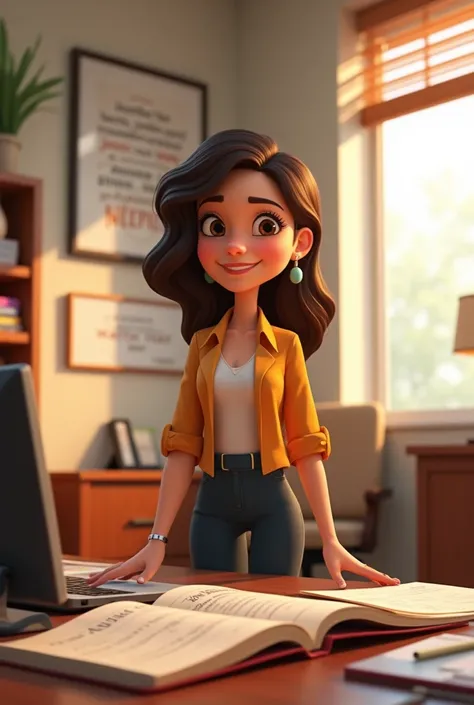 Create a young woman who works in the legal field, animated in the Pixar style. 