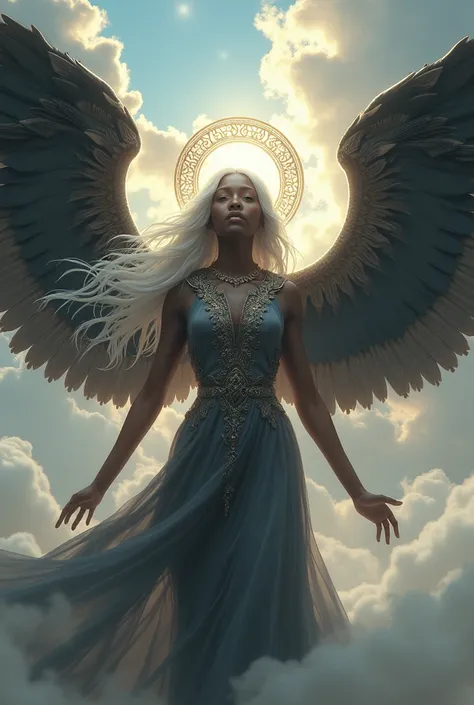 A black woman with white hair who is an angel with black wings
