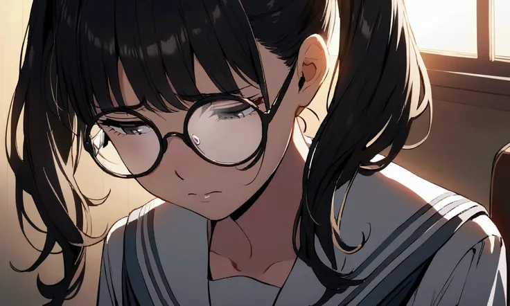 Female, pigtails, twin-tail hair, shy, fogged glasses, school sailor uniform, looking down, black hair