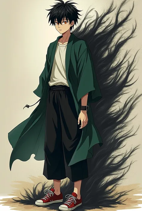 Create an illustration of an 18-19 year old boy, with short black hair and orange eyes, large scar on the left side of the face, skin fair, wearing an open green haori, white undershirt, black pants and a pair of red and black sneakers, transforming his ri...