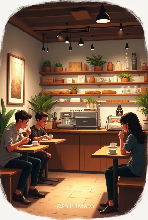 Design a detailed image of a cozy coffee shop interior. Include warm wooden tables with a few customers enjoying their coffee. Feature a sleek counter with an espresso machine, a display of pastries and cakes, and shelves with coffee-related items. Add dec...