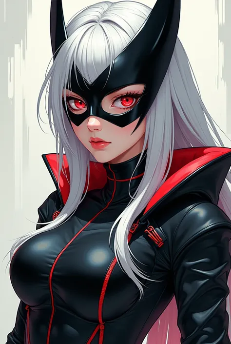  20 year old 2D anime with a dominatrix mask, white hair and red eyes.