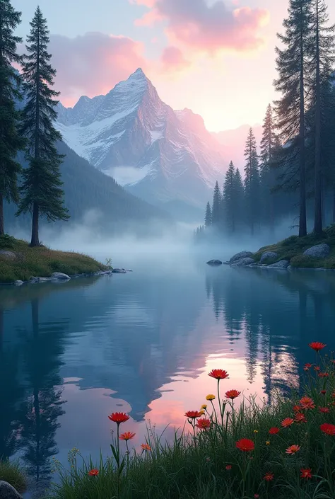 Create a serene and enchanting natural landscape at the edge of dawn. The scene features a calm, crystal-clear lake surrounded by tall, ancient pine trees. The trees reflection in the water is perfect, with a soft mist gently rising from the lakes surface....