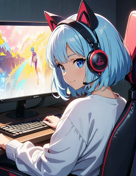 (anime artwork, anime style, studio anime, very detailed, up to date, vibrant, Anime Coloring, high contrast, masterpiece:1.2, best quality, best aesthetics),1 girl,light Blue hair,Mullet hairstyle,Best quality,light smile,{{gaming pc}}, {{gaming chair}}, ...