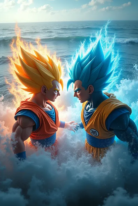 Generate an image of Goku Ultra Instinct and Vegeta Mega Instinct from an aerial perspective, looking back at the camera, in the middle of the sea.