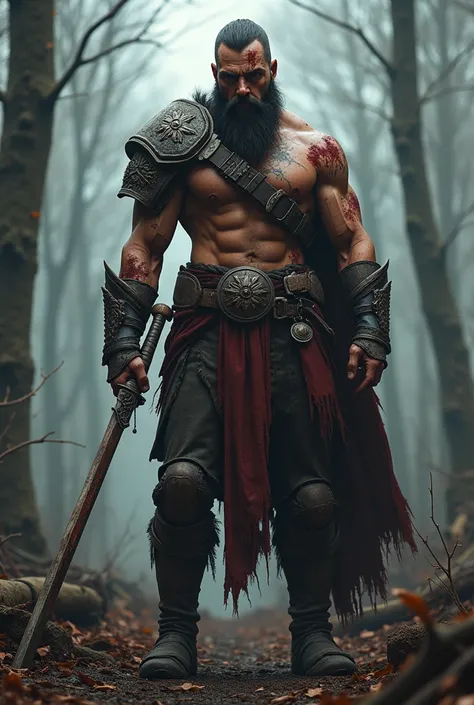 sexy warrior, Battle Equipment, in a gloomy environment, devastated forest, ultra realisitic, 8k, skin and face with very detailed blood