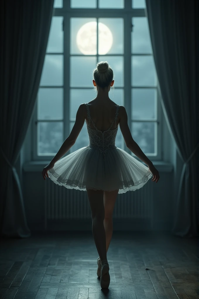 A poetic and visually captivating scene. The picture shows a beautiful blonde Russian dancer , medium breasts with delicate makeup and light eyes, wearing a gray lace dress (The dress has petal designs and a short skirt). She is dancing ballet alone in a d...