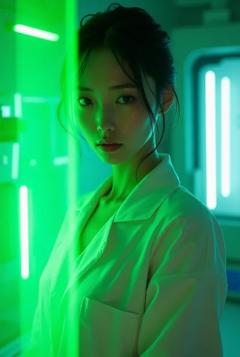 A sexy japanese scientist in a labcoat is getting hit by a green laser beam