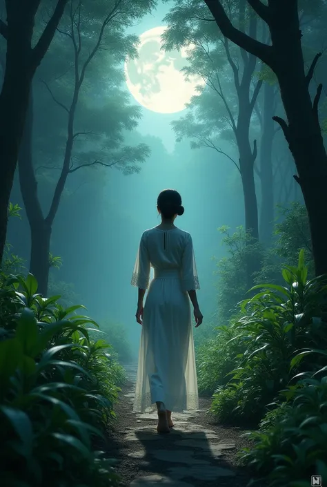 wearing a white Javanese kebaya (kebaya) apparel、A woman with her hair tied in a simple bun, In the night view，walking barefoot on a pathway surrounded by trees and forest，Turn your back to the screen.