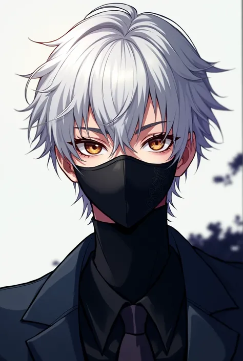 2D anime boy with white hair and brown eyes and mask