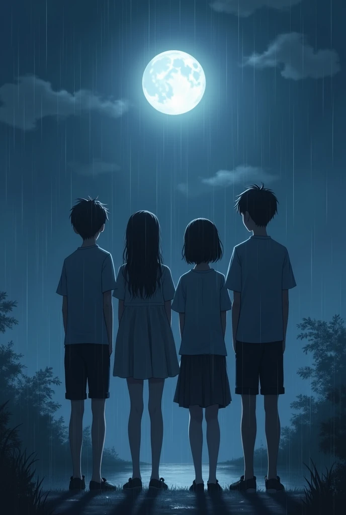 Two boys and two girls stand in the night.，A fine rain falls under the moonlight 