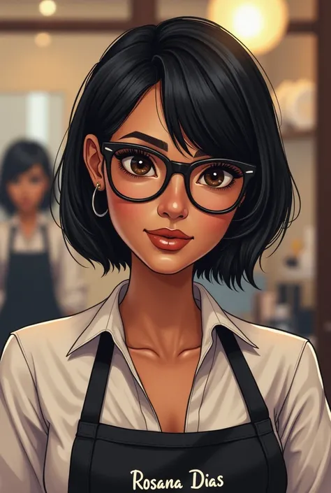  Drawing of a lady, mother, 57 years old, tall, brown skin, short straight black hair.
Full lips.
Glasses.
Oval face.
At the beauty salon.
Wearing an apron with the name Rosana Dias. 