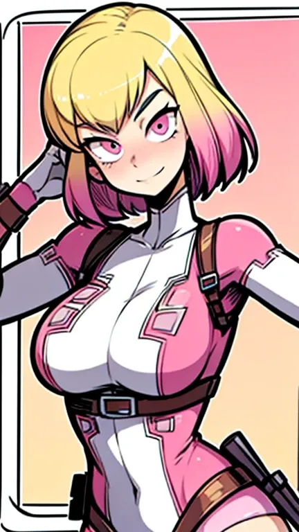 gwenpool has large breasts and she has a cute face and she has blonde hair with pink on the end of her hair